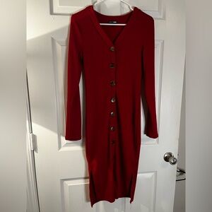 Fashion Nova Red Ribbed Buttoned Long Sleeve Sweater Dress